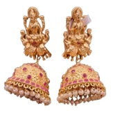 Exquisite Goddess Lakshmi Antique Gold Plated Jhumka Earrings with Pink Stones and Pearls