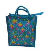 Blue Floral Jute Tote Bag