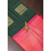 Bottle Green Borderless Kanjivaram Soft Silk Saree with Square Motifs and contrast Pallu| SILK MARK CERTIFIED