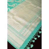 Cyan Banarasi Katan silk saree with leheria pattern and floral zari border | SILK MARK CERTIFIED