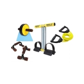 HORSE FIT Double Spring Tummy Trimmer, Double Wheel Ab Roller, Push Up Bar and Double Toning Resistance Tube Home Gym Exercise Equipment for Men & Women Best Fitness Combo - Multi Color