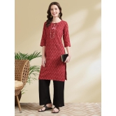 Rangita Women Cotton Red Embroidered Knee Length Straight Kurti - None