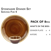 Handcrafted Stoneware Reactive Glaze Ceramic Dinner Set, 8 Pieces Serving for 4, Microwave and Dishwasher Safe, Bone-ash Free, Crockery Set for Dining and Gifting, Peanut Brown