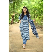 Monika Fashion Bagaru Print Straight Kurta and Dupatta Set with Gota Patti Embroidery in Yolk (Blue)