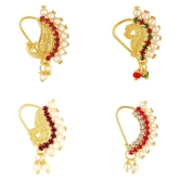 Vighnaharta Piercing Gold Plated Mayur design with Pearls and AD Stone Alloy Maharashtrian Nath Nathiya./ Nose Pin combo for women VFJ1006-1005-1007-1010NTH-Tar - Golden