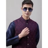 Men Navy Blue and Maroon Woven Design Waistcoats-L / Maroon