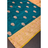 Banarasi Katan Silk Saree in Peacock Blue & Yellow with Damask Motifs | SILK MARK CERTIFIED