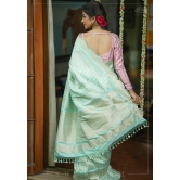 Unique Scalloped Borders Pure Brocade Banarasi Katan Silk Saree in Pastel Sea Green | SILK MARK CERTIFIED