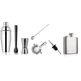 Dynore Stainless Steel 7 Pcs Multiutility Bar Set- Fork Bar Spoon, Delux Cocktail Shaker 750 ml, Black PVC Muddler, Cocktail Strainer, Tall Peg Measure 30/60 ml, 1 Wine Pourer, Hip Flask 7 oz