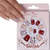 PRINTED SHORT SQUARE NAILS - (NAIL KIT INCLUDED)-Beige Maroon