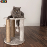 Skatrs Whisker Wonderland Circular Three Scratching Post with Hanging Pom Pom Cat Tree Toy Grey-1.4ft