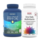 GNC Triple Strength Fish Oil 1500mg Omega 3 Capsules- 60 Softgels & Women's One Daily Multivitamin for Women- 60 Tablets (Combo)