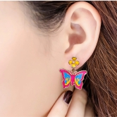 Dark Pink Butterfly Earrings with Flower Studs