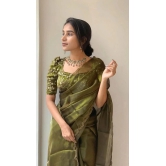 Apnisha Organza Solid Saree With Blouse Piece - Olive ( Pack of 1 ) - Olive