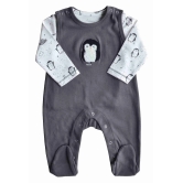 White Penguin Printed T-Shirt with Grey Long Romper set with Feet