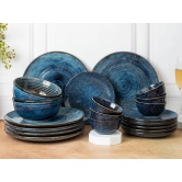 Handcrafted Stoneware Reactive Glaze Ceramic Dinner Set, 20 Pieces Serving for 6, Microwave and Dishwasher Safe, Bone-ash Free, Crockery Set for Dining and Gifting, Reactive Blue