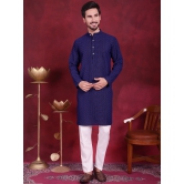 Mens Chikankari Embroidered Kurta Pyjama Set-L / Navy-Blue