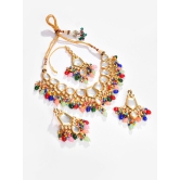 Gold Plated Kundan Beaded Necklace, Earrings and Maang Tikka Set