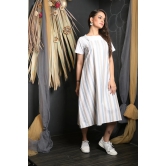 OWO THE LABEL Stripe Print Women Dress Dungaree Style Striped Dress (OTL-DRS1090)-White / XL