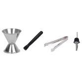 Dynore Stainless steel 4 pcs Bar Accessories Set- PVC Muddler Black, Peg Measure, Ice Tong, Wine Pourer