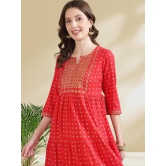 Rangita Women Rayon Red Embroidered Ankle Length Tiered Flared Kurti - None