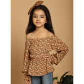 MINI & MING Girls Floral Printed Off-Shoulder Puff Sleeves Gathered Bardot Top