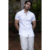 Men White Hemp Casual Half Sleeve Shirt