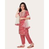 Printed Emroidered Kurta Bottom Dupatta Set for Girls-Red / 4 - 5 Years