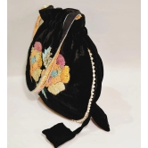 Black Velvet Beaded Floral Drawstring Bag