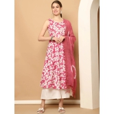 Printed pink flowers flared kurta pallazos dupatta set-XXL / Pink