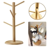 CONNECTWIDE Bamboo Mug Tree Rack Stand with 6 Storage Hooks, Hold and Dry Large Coffee Mugs or Cups