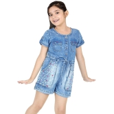 Naughty Ninos Girls Blue Denim Floral Emboidered Jumpsuit - None