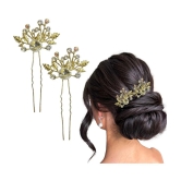 LYKAA Flower Hair Clips for Women Girls, Stylish Rhinestones Bun Hairpin Crystal Pearls Bun - 2 Pcs - Gold