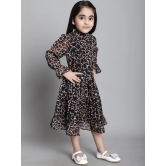 MINI & MING Girls Animal Print Mock Neck Bell Sleeves Georgette Fit & Flare Midi Dress