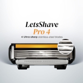 LetsShave Pro 4 Shaving Razor Blade for Men |Made in South Korea |Lubricating Strip with Aloe Vera & Vitamin E |4 Blade Full Body Razor|Rubber Guard & Open Flow Architecture - Pack of 4 Blade Refills