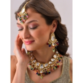 Gold Plated Kundan Beaded Necklace, Earrings and Maang Tikka Set