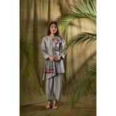 Indo Western Women’s Cotton Embroidered A-Line Kurta with Trousers Set in Grey