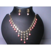 Delicate Pink Beaded Necklace and Earring Set with Rhinestone Accents