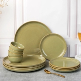 Handcrafted Chip Resistance Porcelain Dinner Set, 12 Pieces Dish Set Serving for 4, Microwave and Dishwasher Safe, Bone-ash Free, Crockery Set for Dining and Gifting, Olive Green