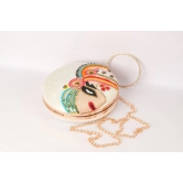 Embellished Cream With Multi Color Round Shape Hand Clutch Cum Sling Hanging Bag