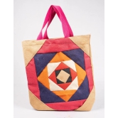 Handmade Patchwork Jute Tote Bag with Pink Handles