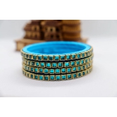 Blue Glass Bangle Set with Gold Accents