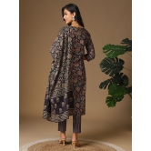 Rangita Women Cotton Navy Blue Floral Printed Calf Length Straight Kurti With Pants With Dupatta - None