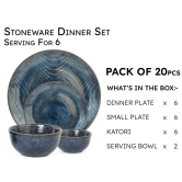 Handcrafted Stoneware Reactive Glaze Ceramic Dinner Set, 20 Pieces Serving for 6, Microwave and Dishwasher Safe, Bone-ash Free, Crockery Set for Dining and Gifting, Reactive Blue