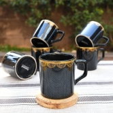 Femora Glitter Dot Pattern with Golden Arch, Ceramic Tea Cups, Coffee Mugs (180 ml, Golden) - 6 Pcs Set