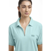 Women Solid Zip Neck Polyester Light Blue T-Shirt