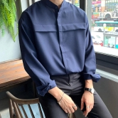 Front Pleat Detail Korean Shirt-Blue / XL