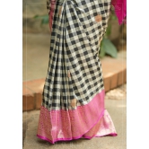 Pure Katan Silk Banarasi Saree in Black and White Checks with Contrasting Pink Borders  | SILK MARK CERTIFIED