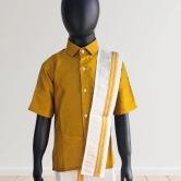 Mustard Yellow Cotton Silk Half Sleeves Shirt and Mundu Lungi set with Uparna/Towel-2 (2-3 years)