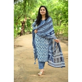 Monika Fashion Bagaru Print Straight Kurta and Dupatta Set with Gota Patti Embroidery in Yolk (Blue)